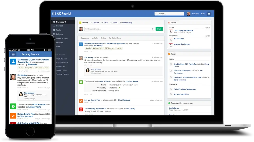 Wealthbox CRM displayed on desktop and mobile devices for advisor teams