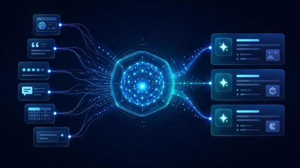 AI answer engine network connecting prompts, citations, and brand mentions