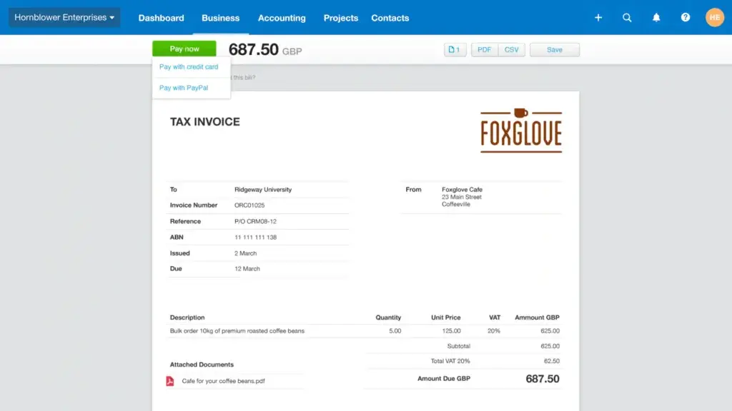 Xero invoice with Pay Now options for credit card and PayPal payments