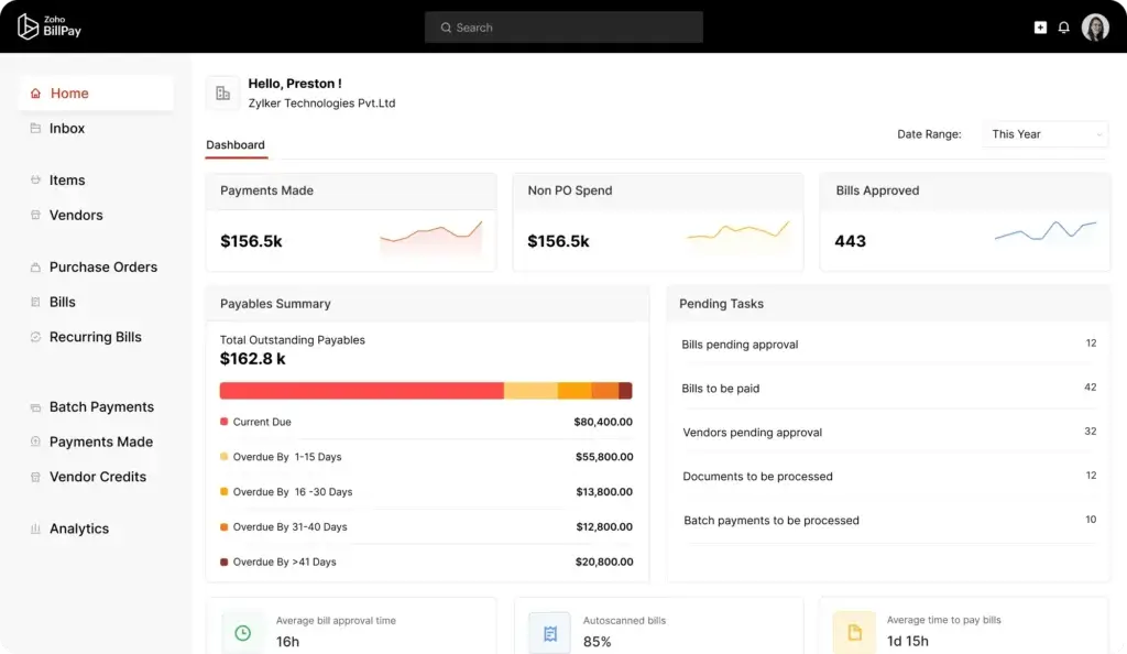 Zoho BillPay dashboard showing payables, approved bills, pending tasks, and vendor payments