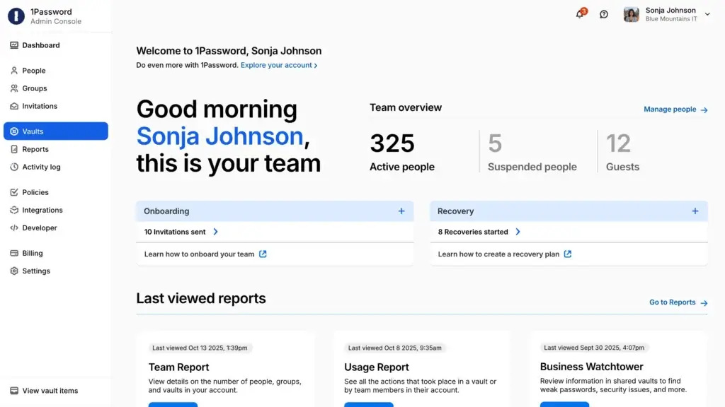 1Password admin console showing team overview, active users, onboarding tasks, recovery status, and recent reports.