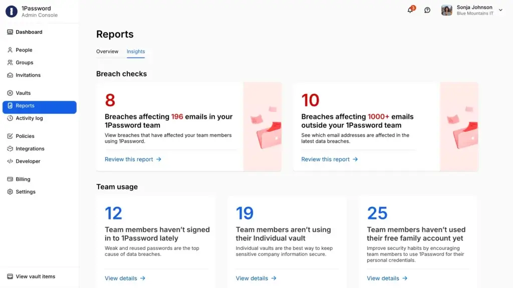 1Password reports page showing breach checks, affected emails, team usage insights, and password security recommendations.