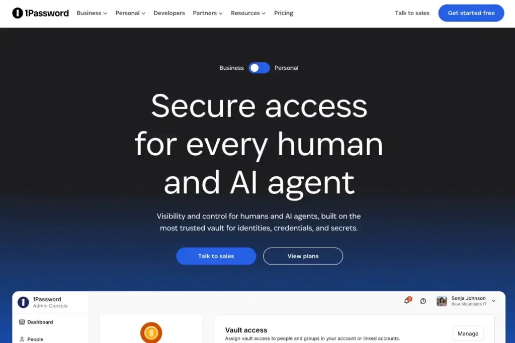 1Password homepage showing secure access messaging, vault access controls, and admin console interface