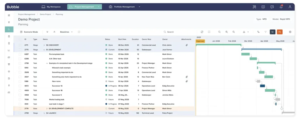 Bubble PPM project Gantt chart with tasks, stages, and dependencies