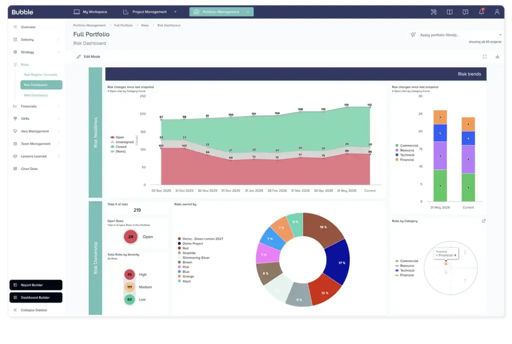 Bubble PPM portfolio risk dashboard with risk trends and ownership