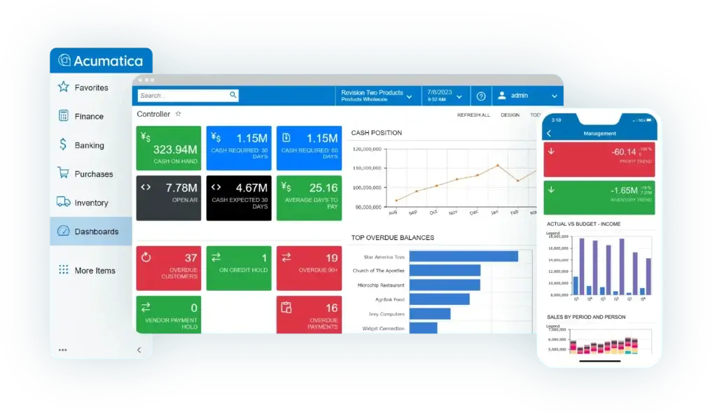 Acumatica Cloud ERP dashboard displayed on desktop and mobile devices with finance, inventory, dashboards, and management reports