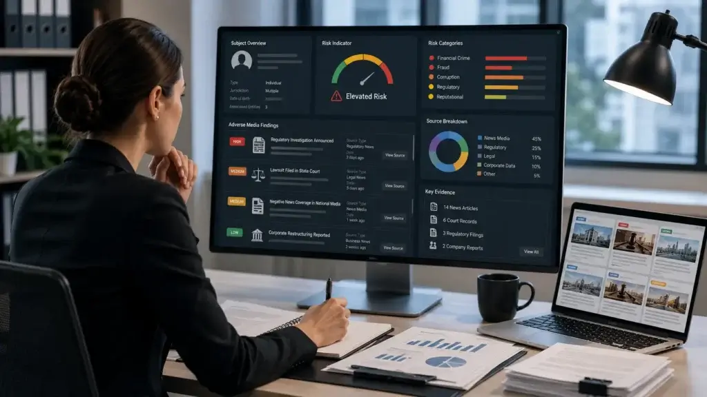 Compliance analyst reviewing adverse media screening alerts