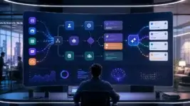 Automation workflow dashboard with connected apps and AI task flows