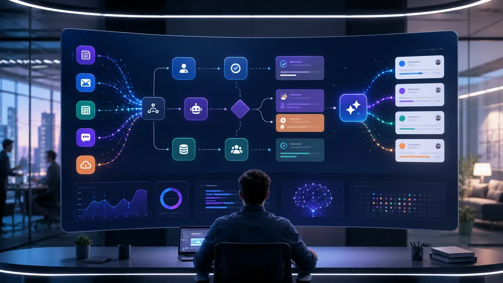 Automation workflow dashboard with connected apps and AI task flows