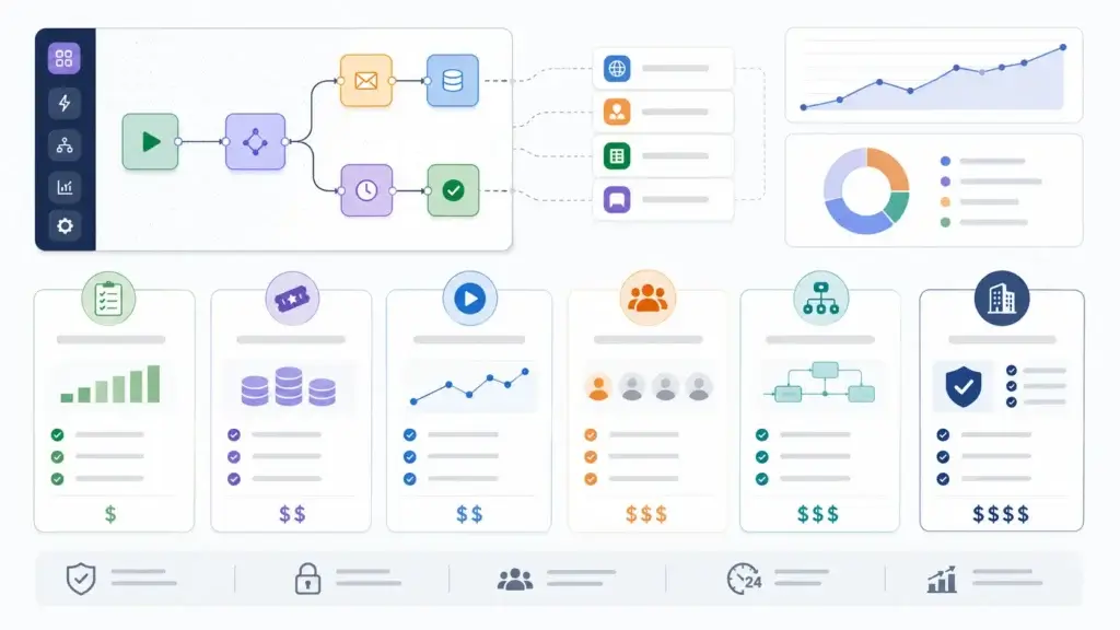 Automation pricing models shown with tasks, credits, executions, and users
