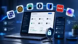 Password manager dashboard with secure vault, autofill login, lock shield, and icons of leading password manager brands