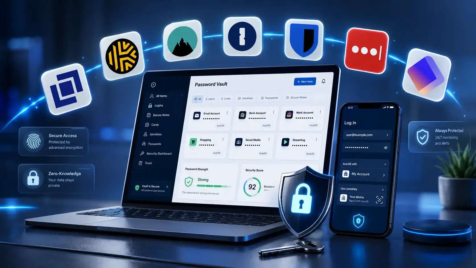 Password manager dashboard with secure vault, autofill login, lock shield, and icons of leading password manager brands