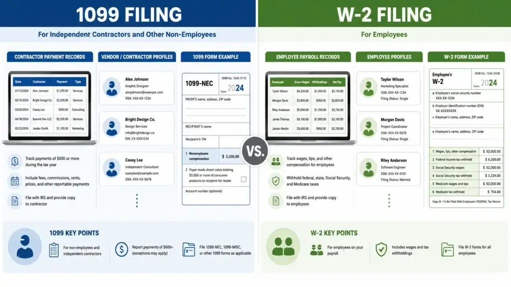 Year-end 1099 and W-2 compliance workflow illustration
