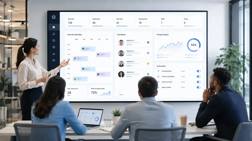 HR team reviewing applicant tracking system dashboard
