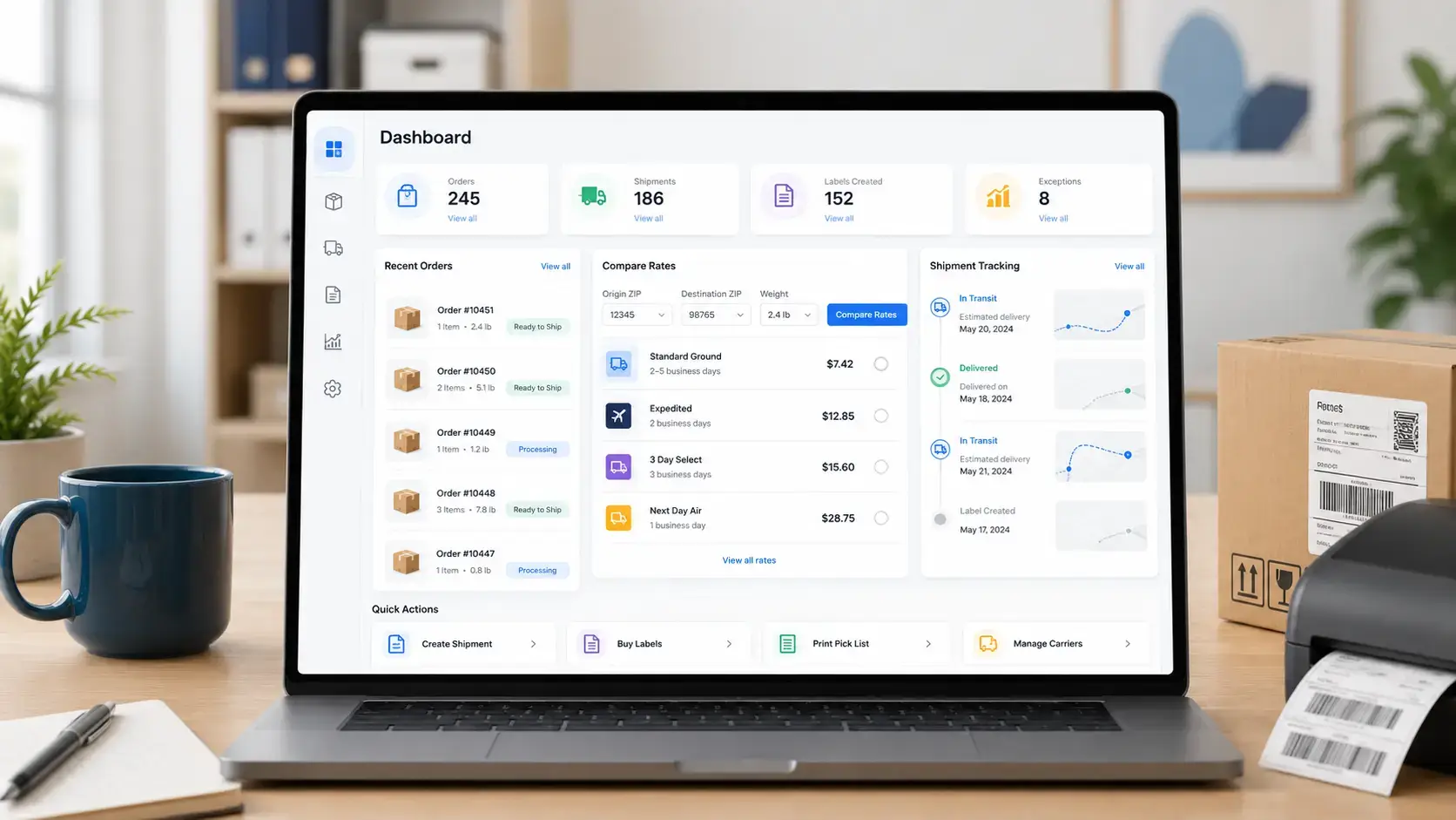 Ecommerce shipping software dashboard for orders, labels, carrier rates, and tracking