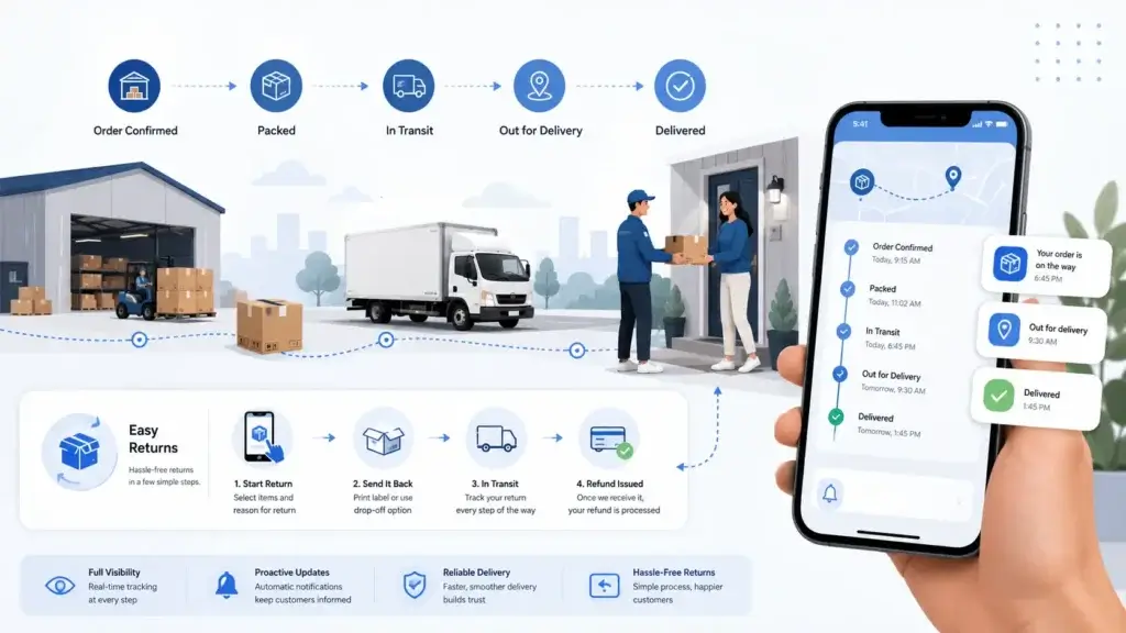 Ecommerce tracking and returns workflow for post-purchase shipping