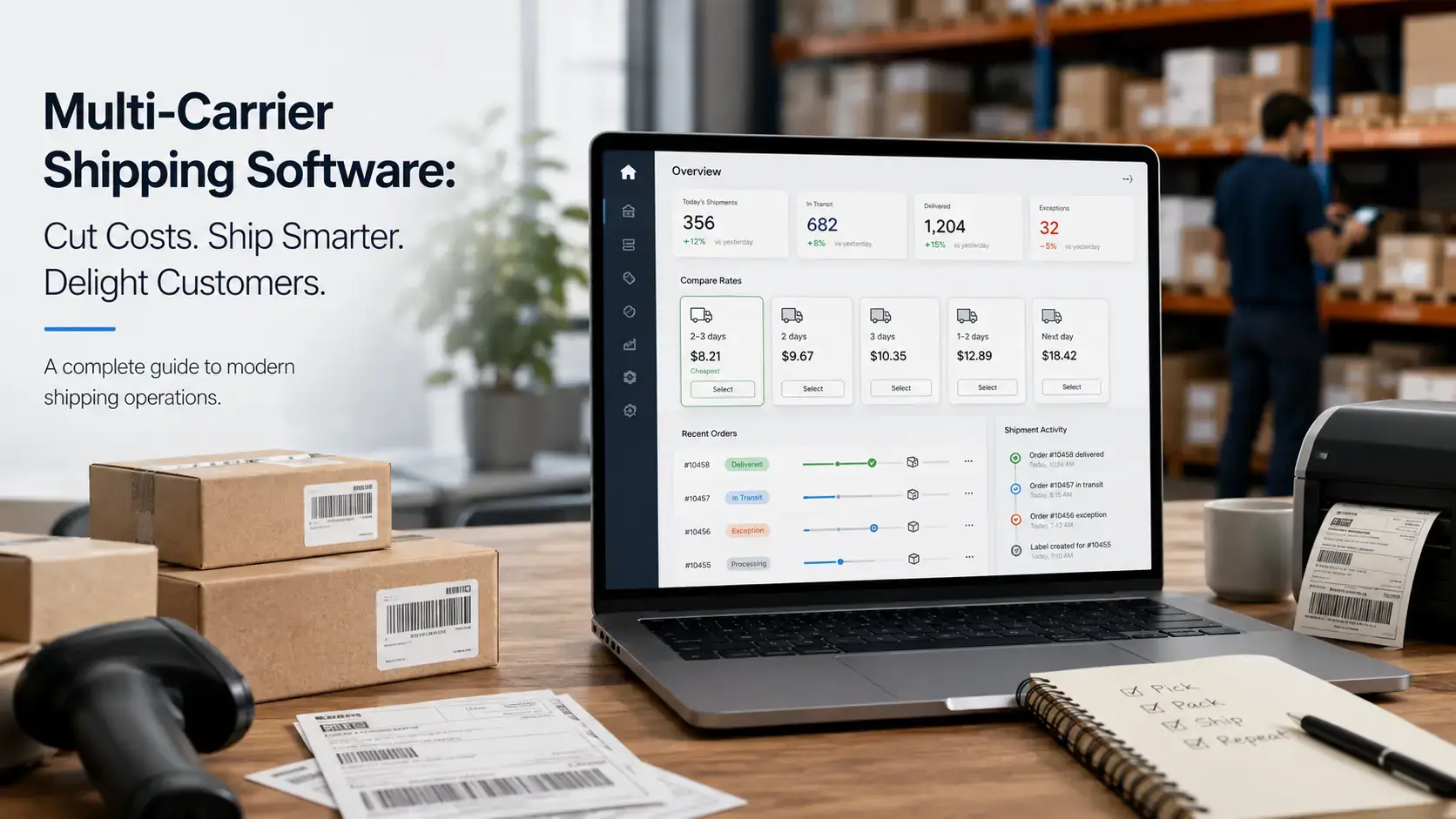 Multi-carrier shipping software dashboard comparing ecommerce shipping rates and delivery options.