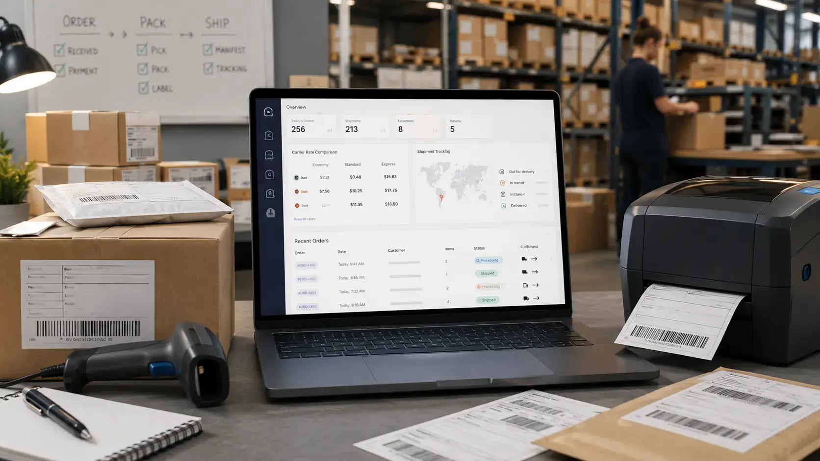 Ecommerce shipping software dashboard with parcels, labels, and carrier rate comparison