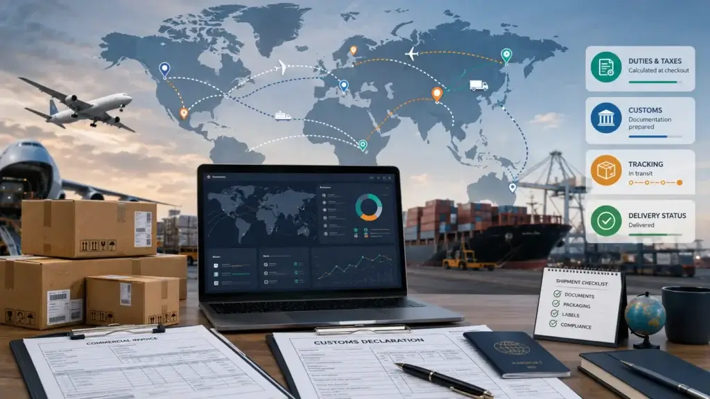 International shipping software workflow with customs, duties, taxes, and global tracking