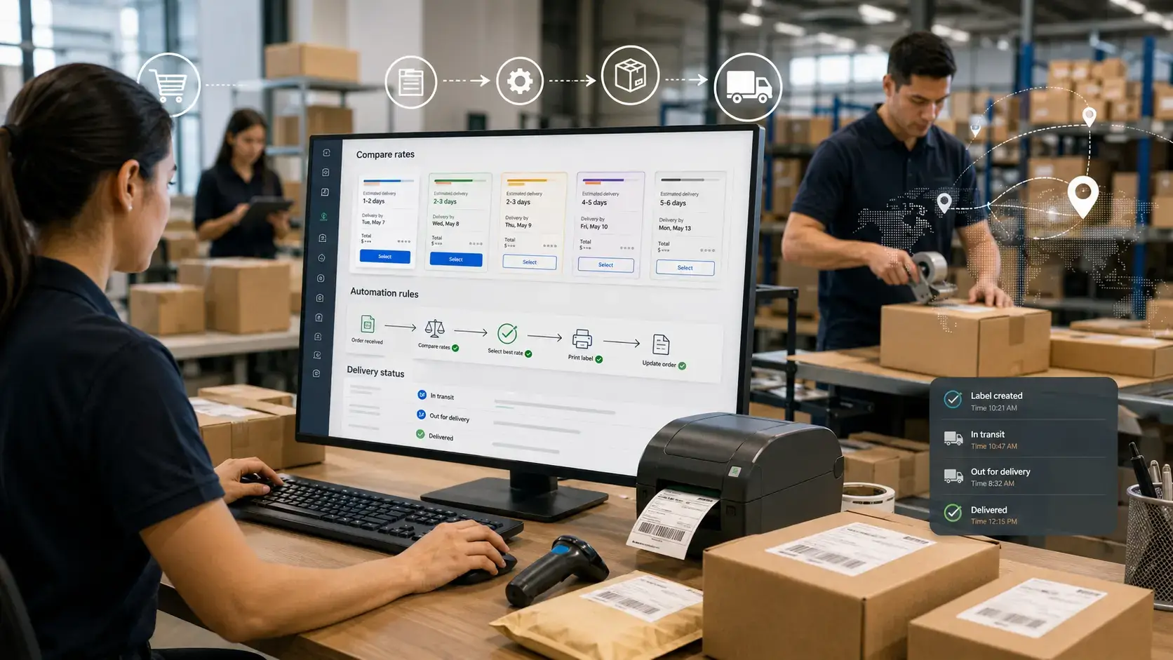 Multi-carrier ecommerce fulfillment software comparing shipping rates and automating delivery workflows