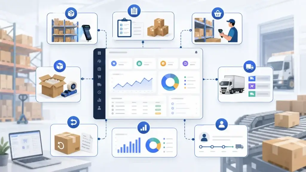Ecommerce fulfillment software feature map for inventory, orders, shipping, returns, and analytics