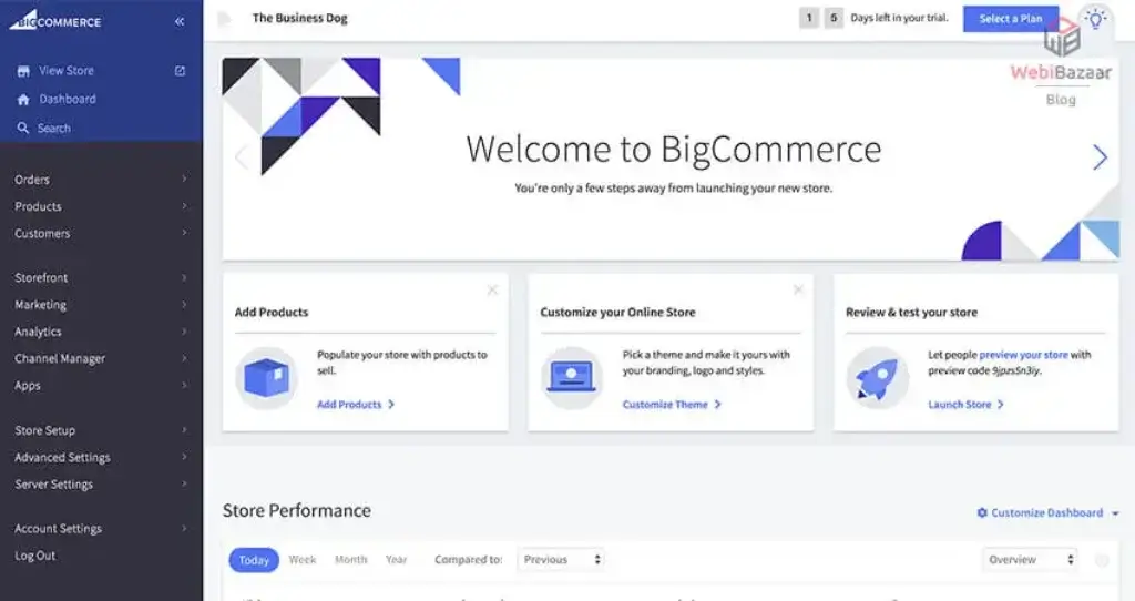 BigCommerce admin dashboard with store setup products theme customization and launch checklist