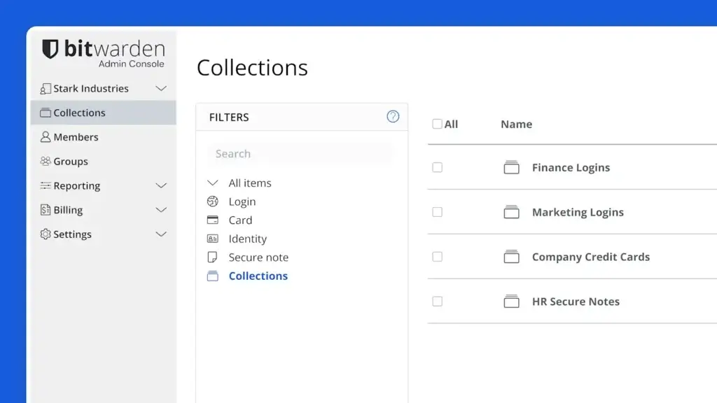 Bitwarden admin console showing shared collections for finance, marketing, credit cards, and HR secure notes