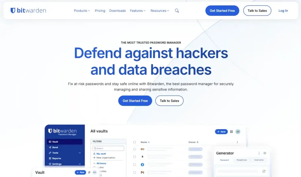 Bitwarden homepage showing password vault, generator tools, and data breach protection messaging