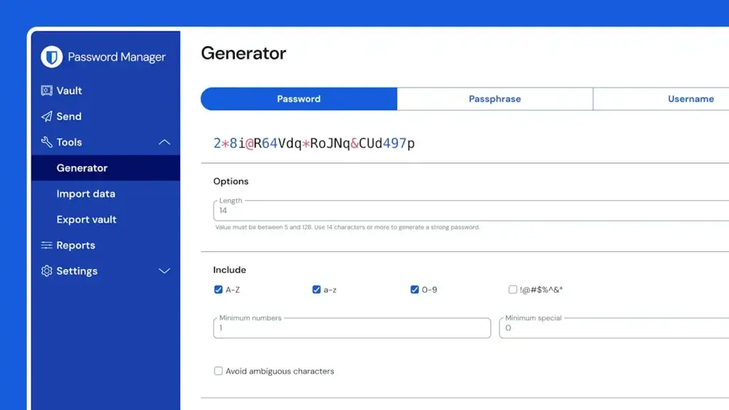Bitwarden password generator showing options for creating strong passwords, passphrases, and usernames
