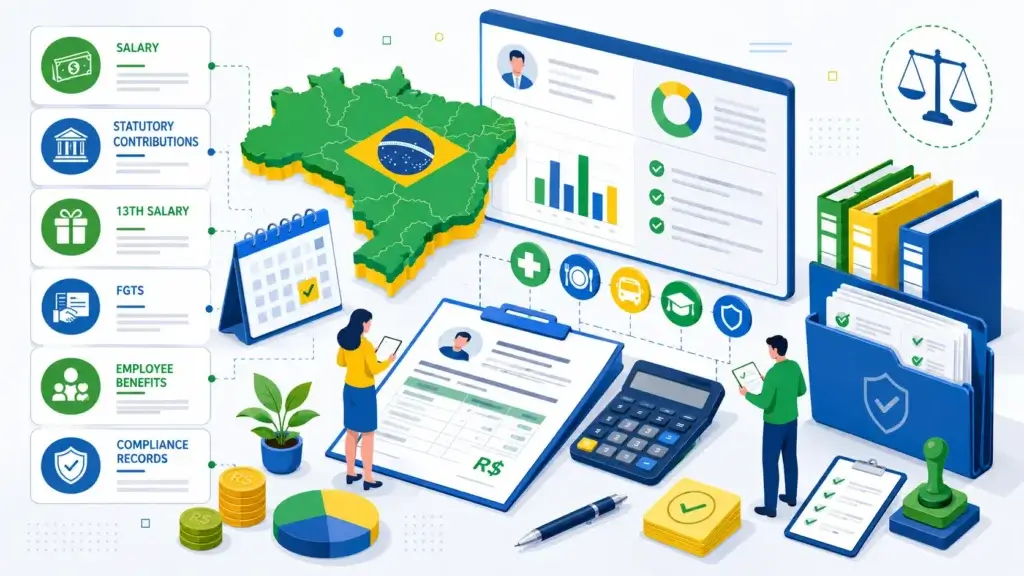 Brazil payroll planning with salary, statutory contributions, benefits, FGTS, 13th salary, and compliance records