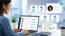 Candidate assessment dashboard showing skills, personality, behavioral insights, and job-fit scores