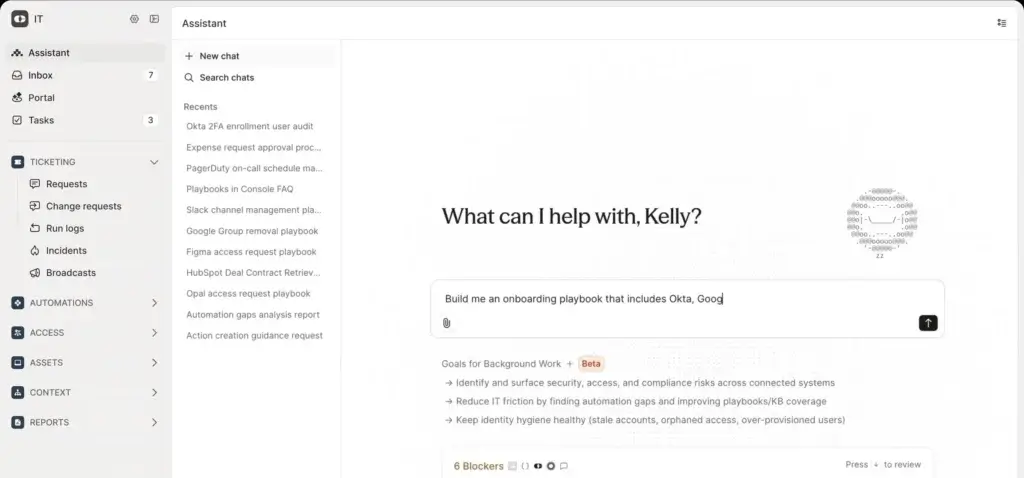 Console.com AI assistant building an IT onboarding workflow