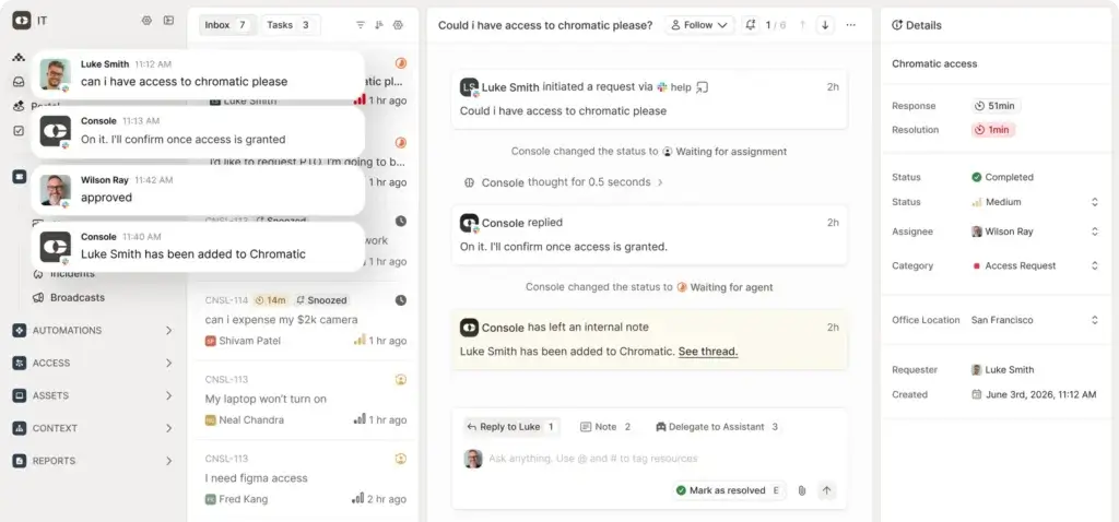 Console.com access request workflow in Slack and IT inbox