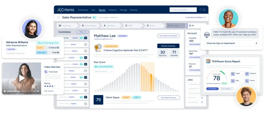 Criteria dashboard showing cognitive aptitude results, video interview, and candidate score reports