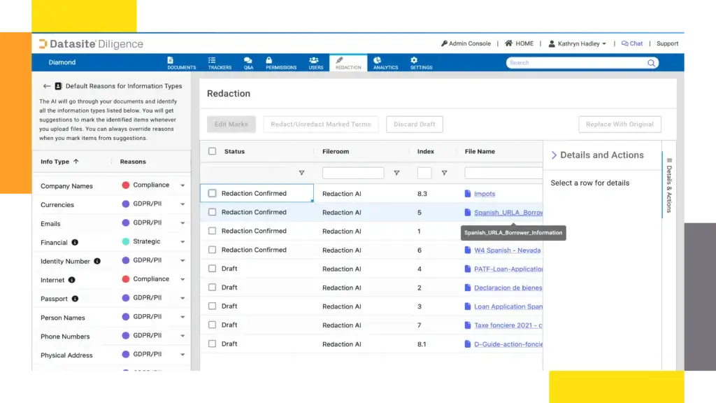 Datasite Diligence redaction dashboard for secure M&A document review