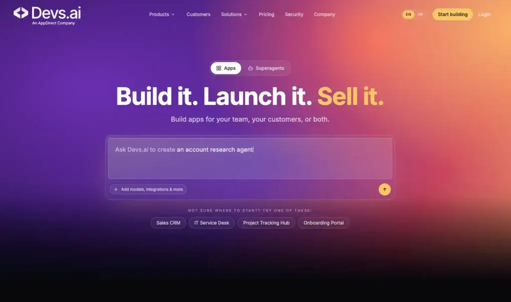 Devs.ai homepage with prompt box for building AI apps and agents