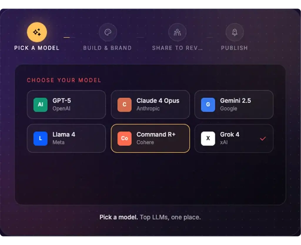 Devs.ai model picker showing multiple LLM options for app building