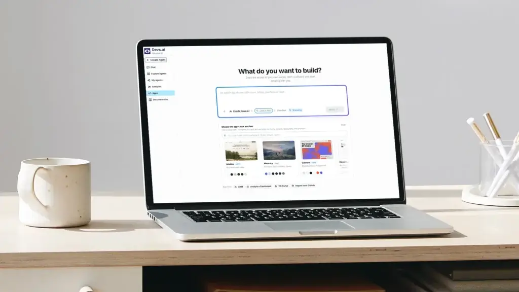 Devs.ai app builder interface shown on a laptop screen