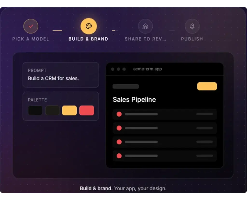 Devs.ai build and brand screen creating a CRM sales pipeline