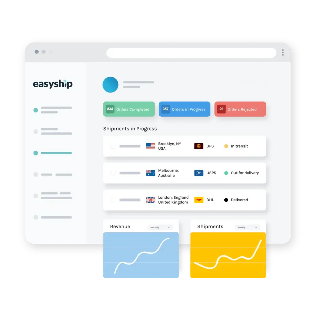 Easyship dashboard showing shipment status, couriers, tracking, and shipping analytics