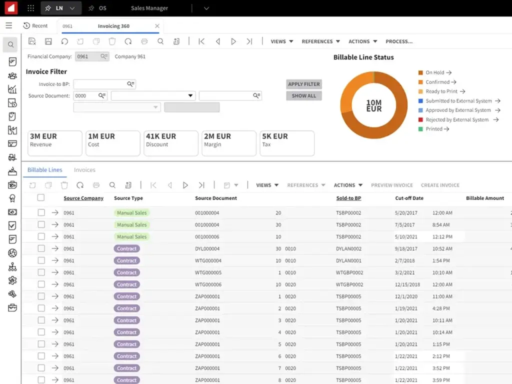 Infor LN Invoicing 360 dashboard showing invoice filters, billable line status, revenue, cost, margin, tax, and billable lines
