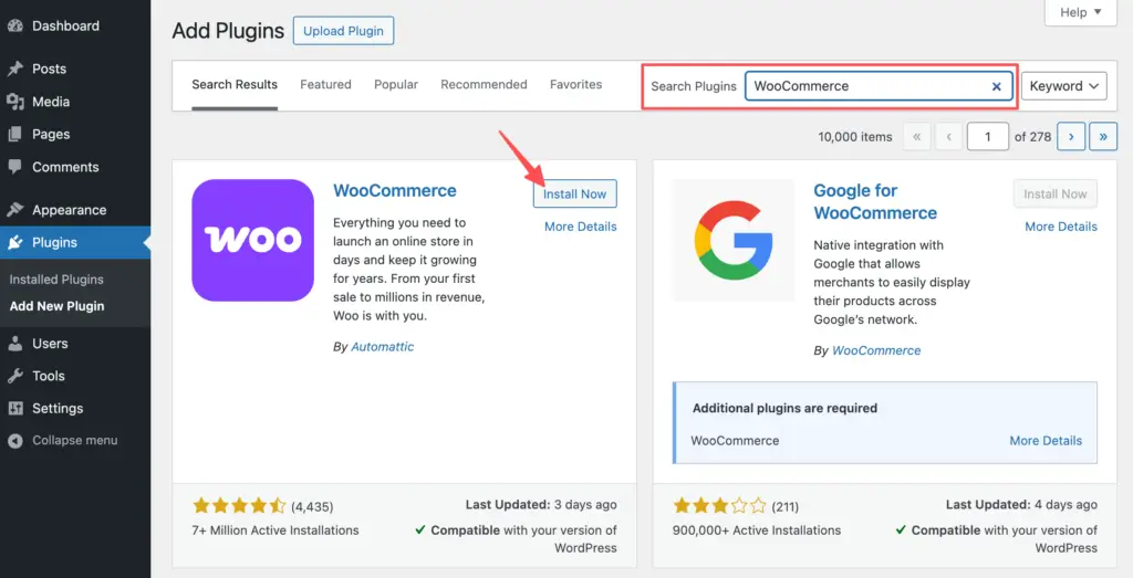 Installing WooCommerce plugin from the WordPress Add Plugins screen