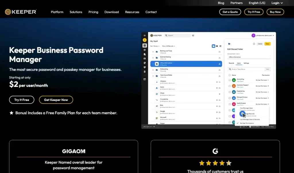 Keeper Business Password Manager page showing shared folder permissions and team vault controls