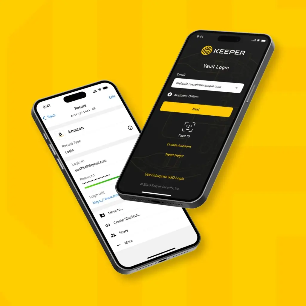 Keeper mobile app showing vault login and encrypted password record details on smartphones