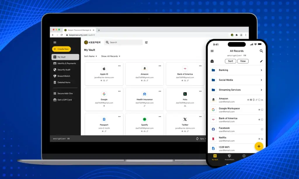 Keeper password vault displayed on desktop and mobile with folders, records, and BreachWatch tools