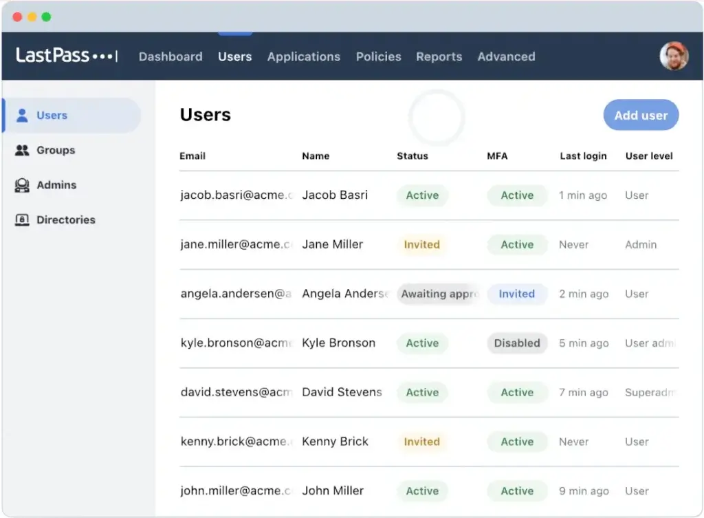 LastPass users dashboard showing user status, MFA activity, last login, and user roles