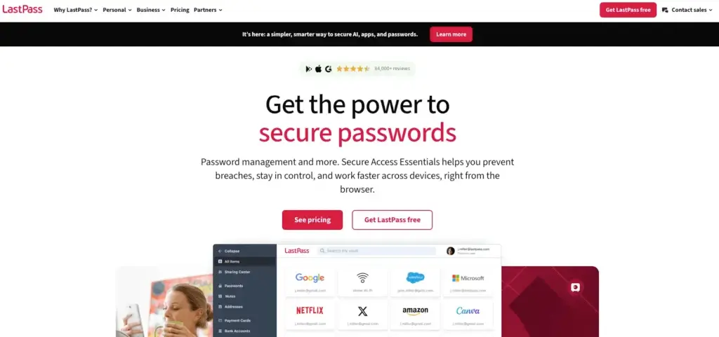LastPass homepage showing secure password management, vault interface, and login storage features