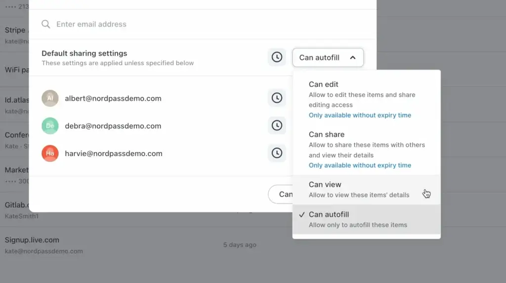 NordPass sharing settings showing permission levels for autofill, viewing, sharing, and editing items