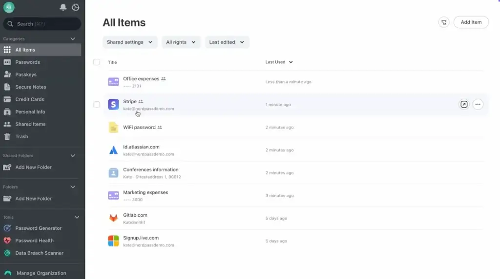 NordPass vault dashboard showing passwords, passkeys, secure notes, credit cards, and shared items