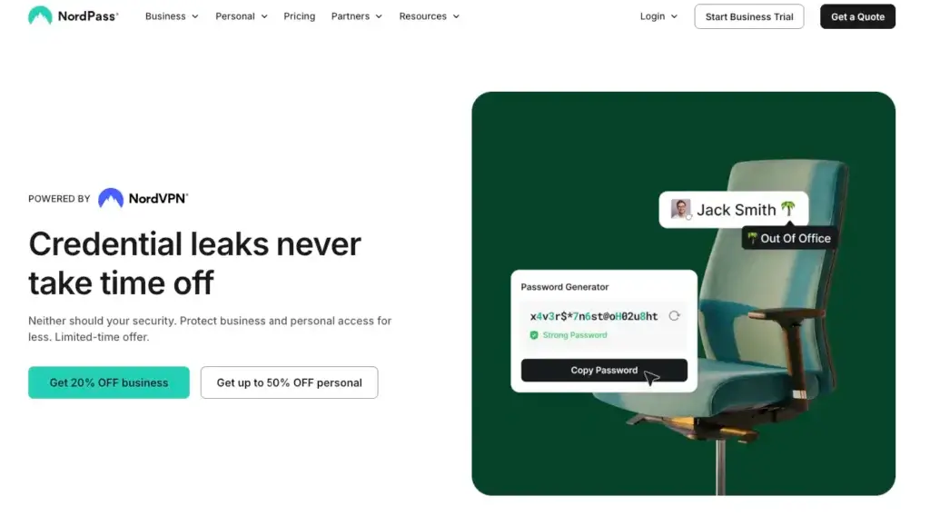 NordPass homepage showing credential leak protection, password generator, and business security messaging